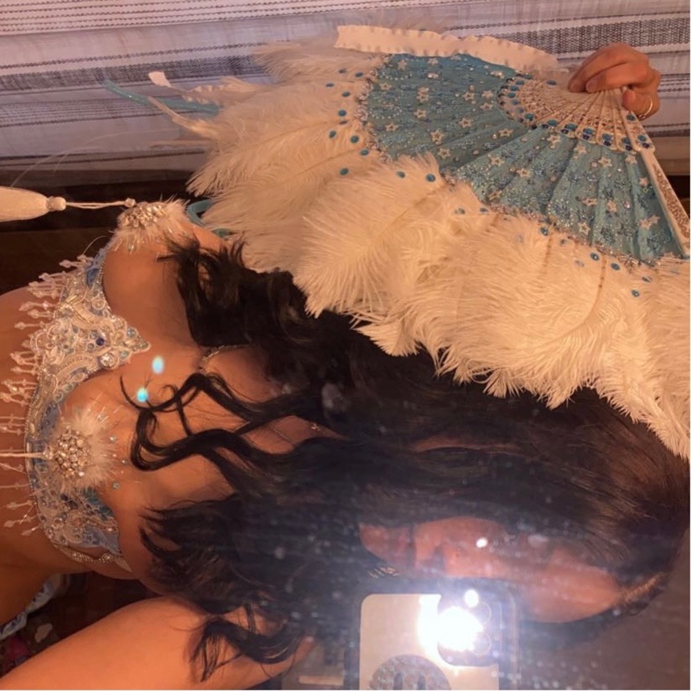 OOAK /CUSTOM hand sewn Baby blue burlesque set ( pasties and fan included)